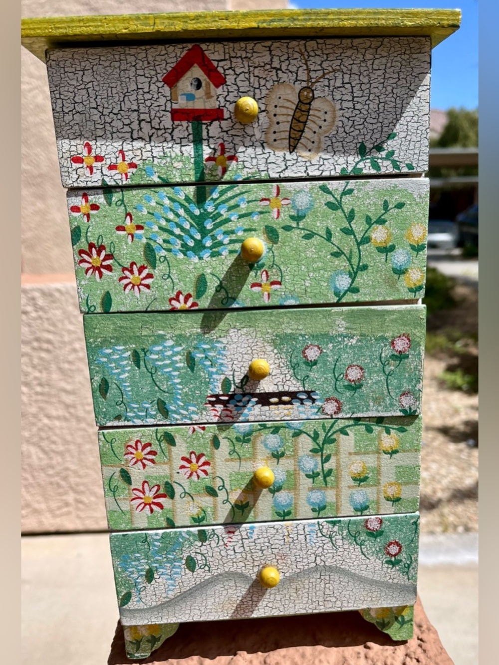 Hand-Painted Floral Jewelry Chest with Birdhouse Detail